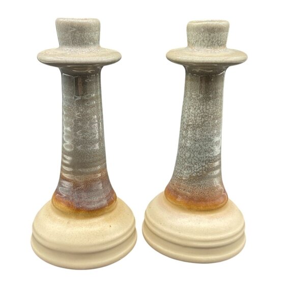 Set Of 2 Handmade Ceramic Candlestick Holders Rustic Earth Tones Studio Pottery - Picture 1 of 6